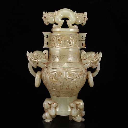 Vintage Chinese Hetian Jade Dragon Head Double Rings Vase