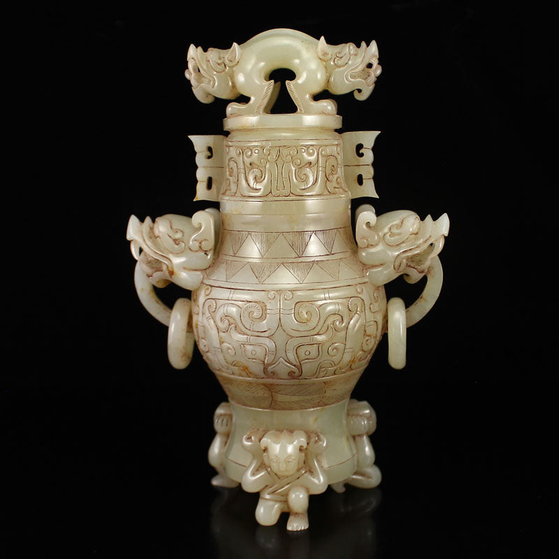 Vintage Chinese Hetian Jade Dragon Head Double Rings Vase