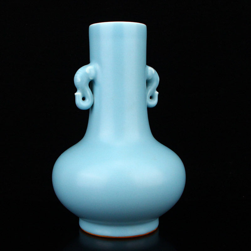 Chinese Sky Blue Glaze Elephant Head Double Ears Porcelain Vase w Qianlong Mark & Hardwood