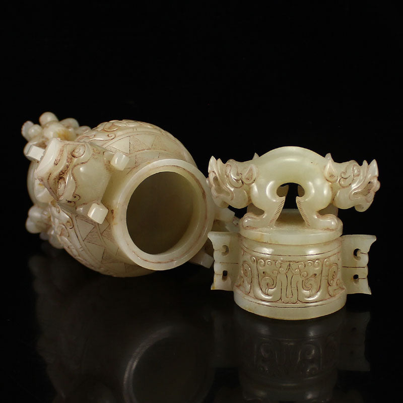 Vintage Chinese Hetian Jade Dragon Head Double Rings Vase