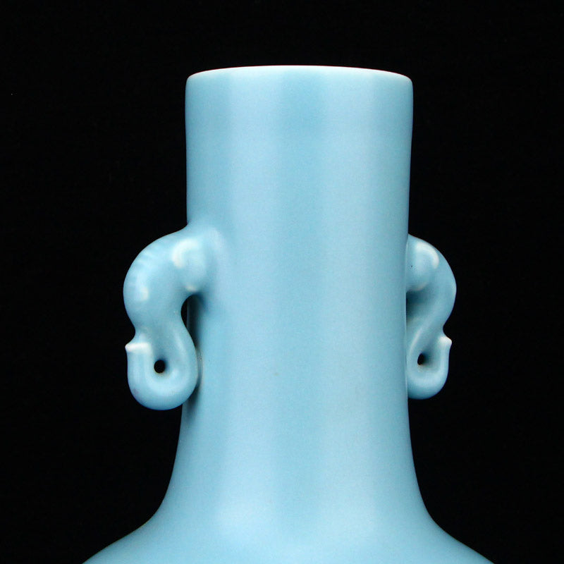 Chinese Sky Blue Glaze Elephant Head Double Ears Porcelain Vase w Qianlong Mark & Hardwood