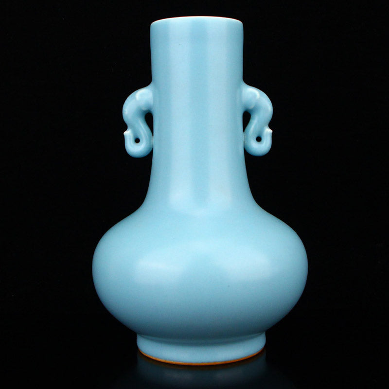 Chinese Sky Blue Glaze Elephant Head Double Ears Porcelain Vase w Qianlong Mark & Hardwood