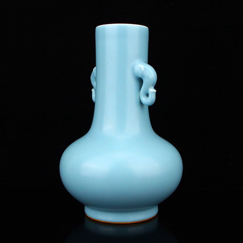 Chinese Sky Blue Glaze Elephant Head Double Ears Porcelain Vase w Qianlong Mark & Hardwood