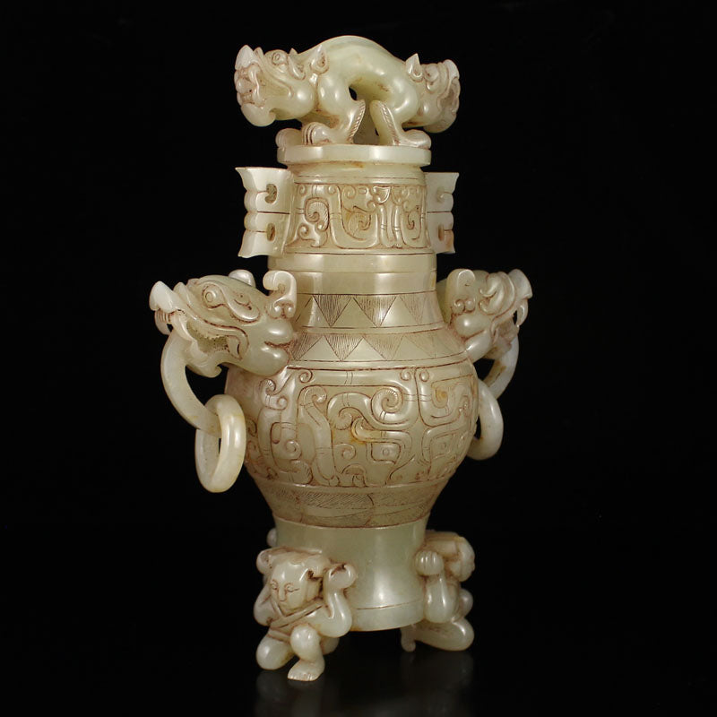 Vintage Chinese Hetian Jade Dragon Head Double Rings Vase