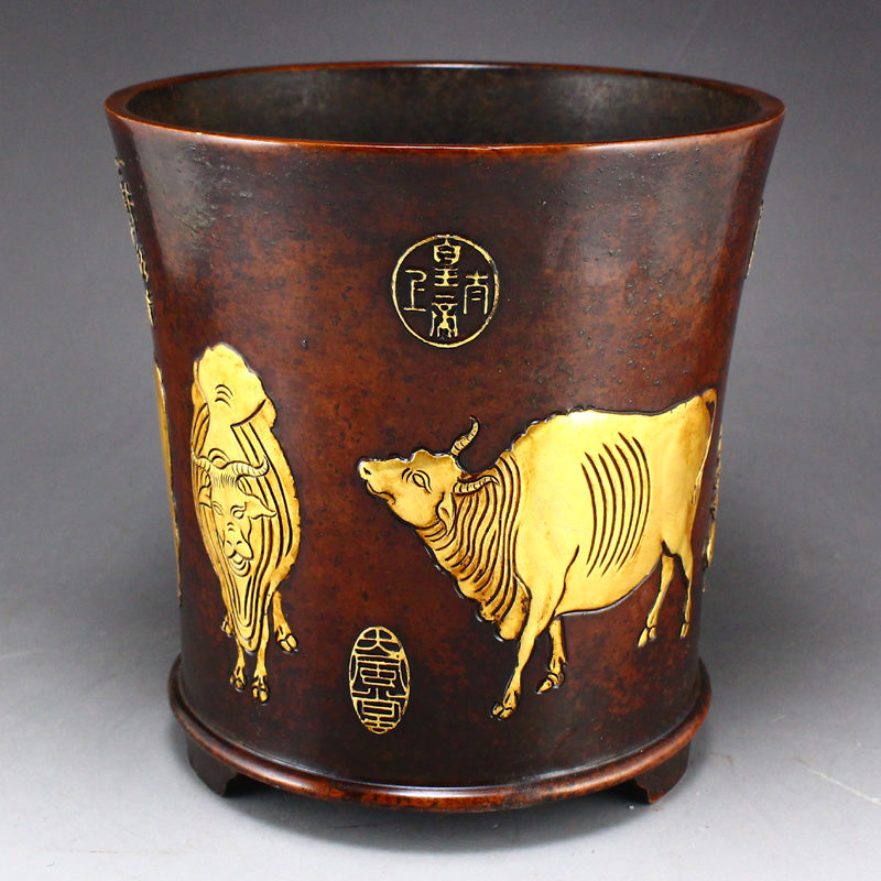 Chinese Gilt Gold Red Copper Five Oxen Brush Pot