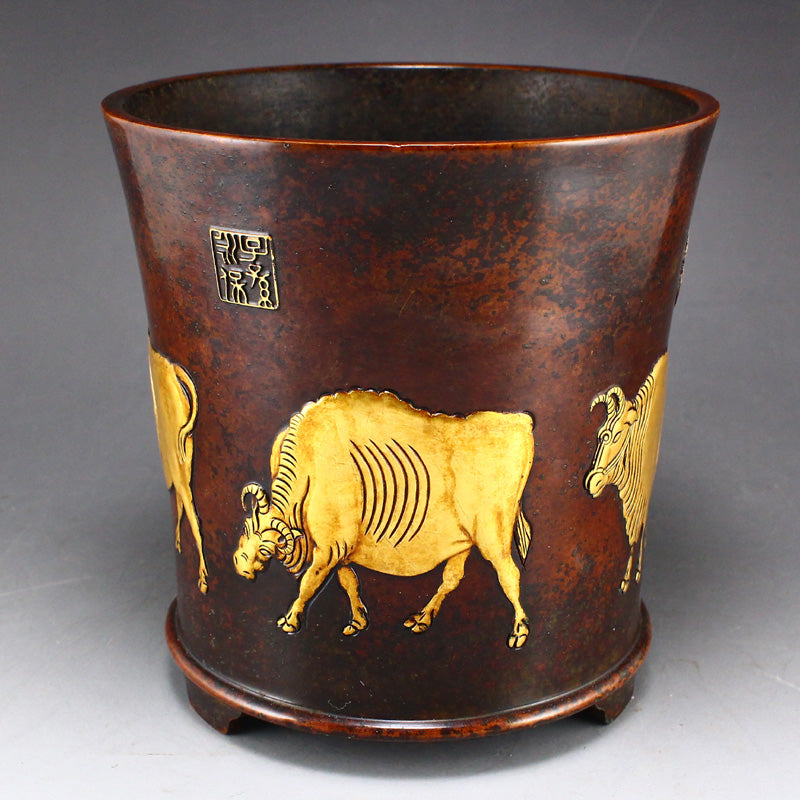 Chinese Gilt Gold Red Copper Five Oxen Brush Pot