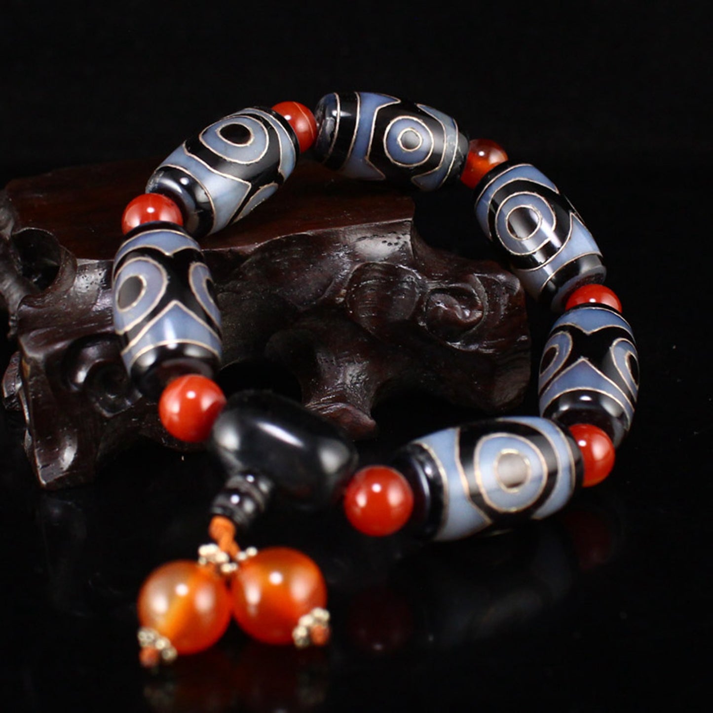 Tibetan DZI Agate Inlay Silver Wire Prayer Bracelet