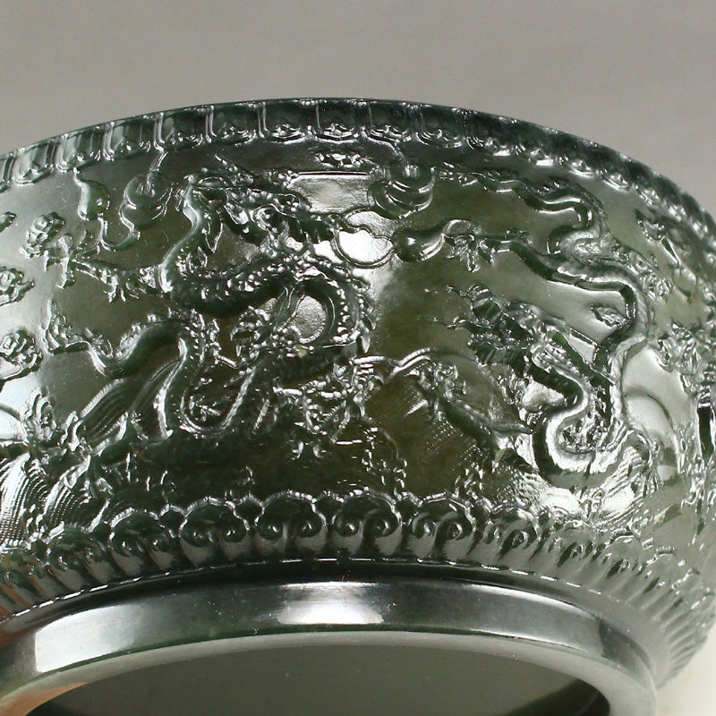 Chinese Green Hetian Jade Low Relife Nine Dragon Brush Washer w Certificate