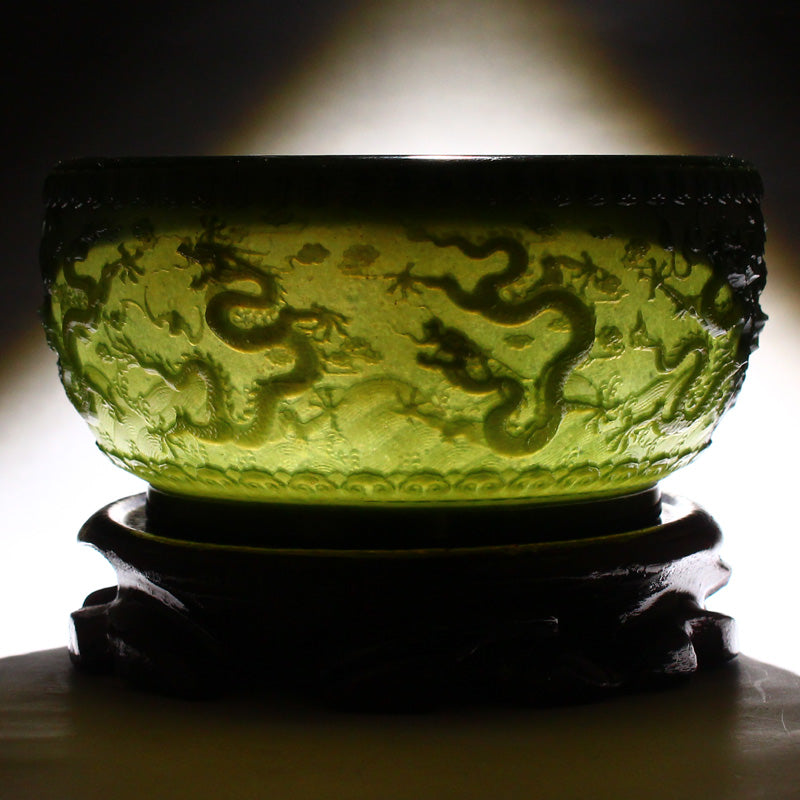 Chinese Green Hetian Jade Low Relife Nine Dragon Brush Washer w Certificate