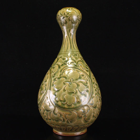 Yue Kiln Green Glaze Low Relief Flower Design Porcelain Vase