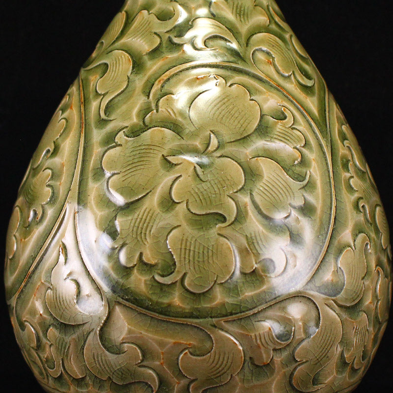 Yue Kiln Green Glaze Low Relief Flower Design Porcelain Vase