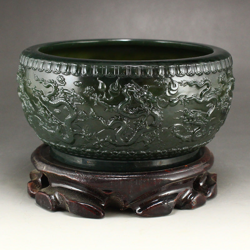 Chinese Green Hetian Jade Low Relife Nine Dragon Brush Washer w Certificate