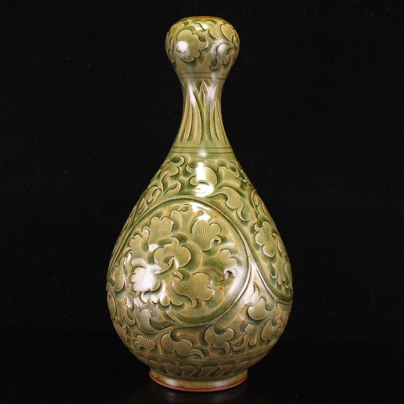 Yue Kiln Green Glaze Low Relief Flower Design Porcelain Vase