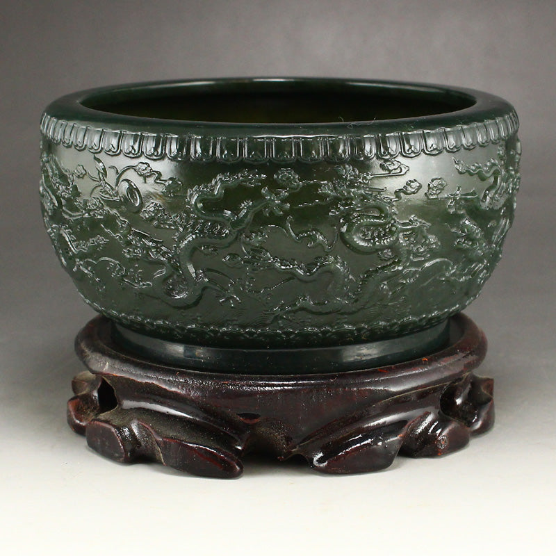 Chinese Green Hetian Jade Low Relife Nine Dragon Brush Washer w Certificate