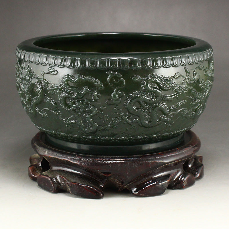 Chinese Green Hetian Jade Low Relife Nine Dragon Brush Washer w Certificate