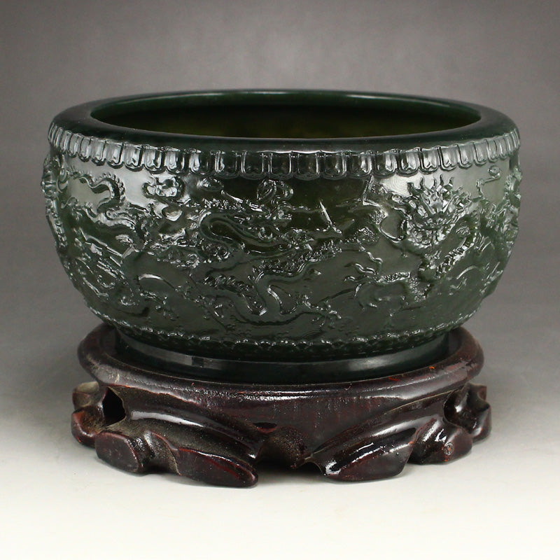 Chinese Green Hetian Jade Low Relife Nine Dragon Brush Washer w Certificate