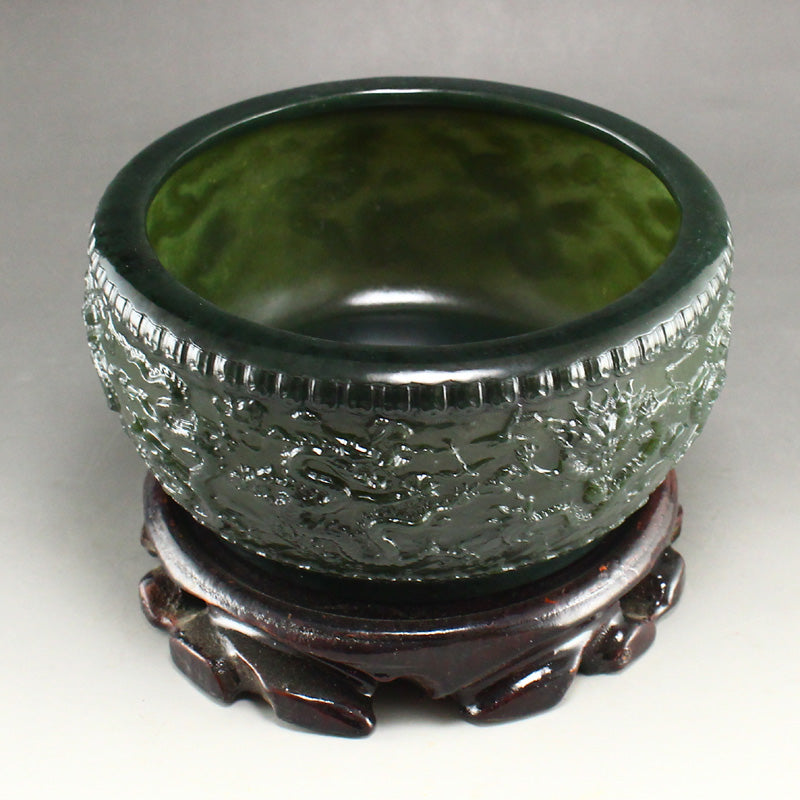 Chinese Green Hetian Jade Low Relife Nine Dragon Brush Washer w Certificate