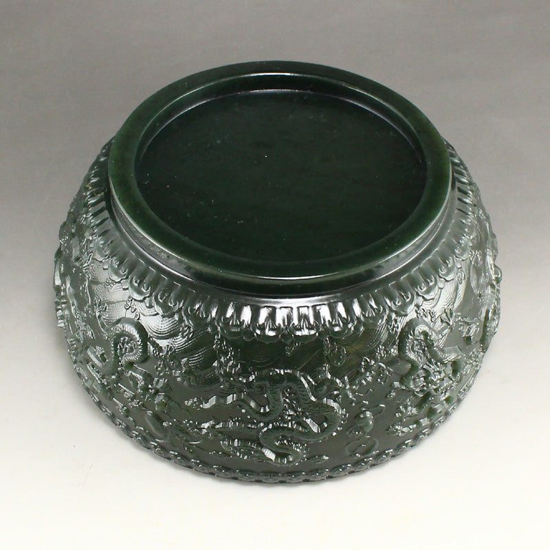 Chinese Green Hetian Jade Low Relife Nine Dragon Brush Washer w Certificate