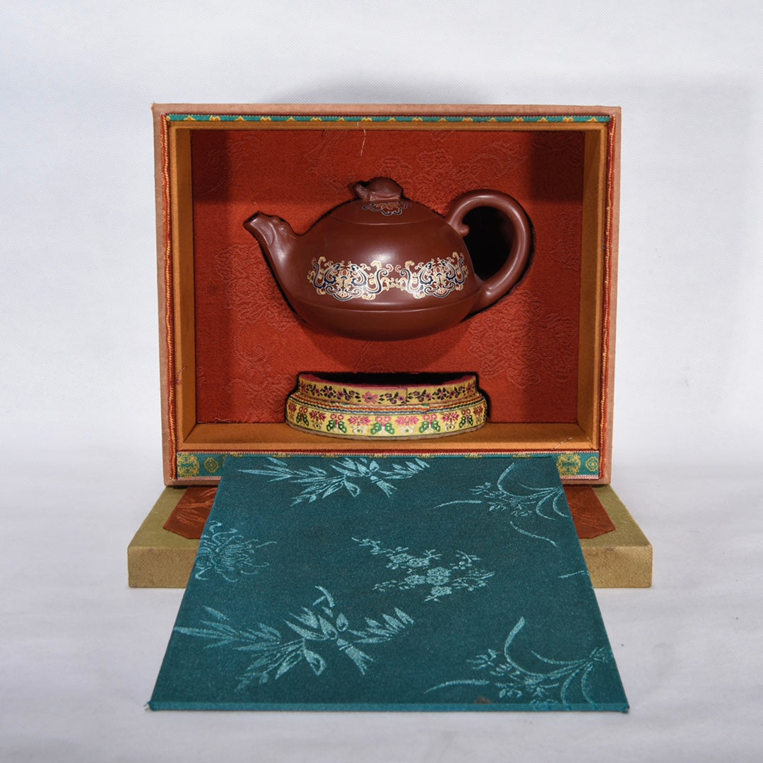 Chinese Gilt Gold Famille Rose Yixing Zisha Clay Turtle Teapot w Box