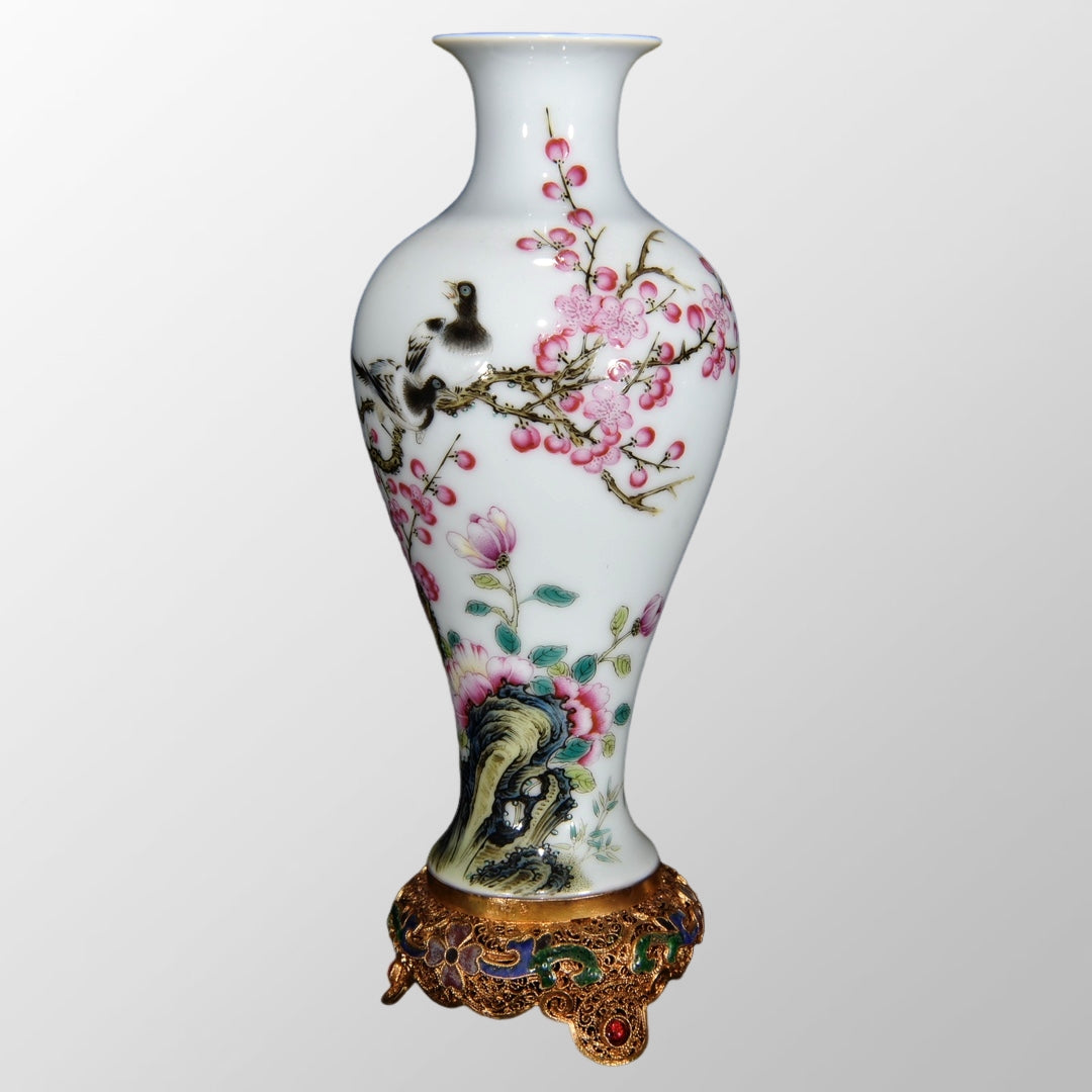 Chinese Famille Rose Flower Design Porcelain Vase W Gold Wires Enamel Inlay Red Coral & Gem Base