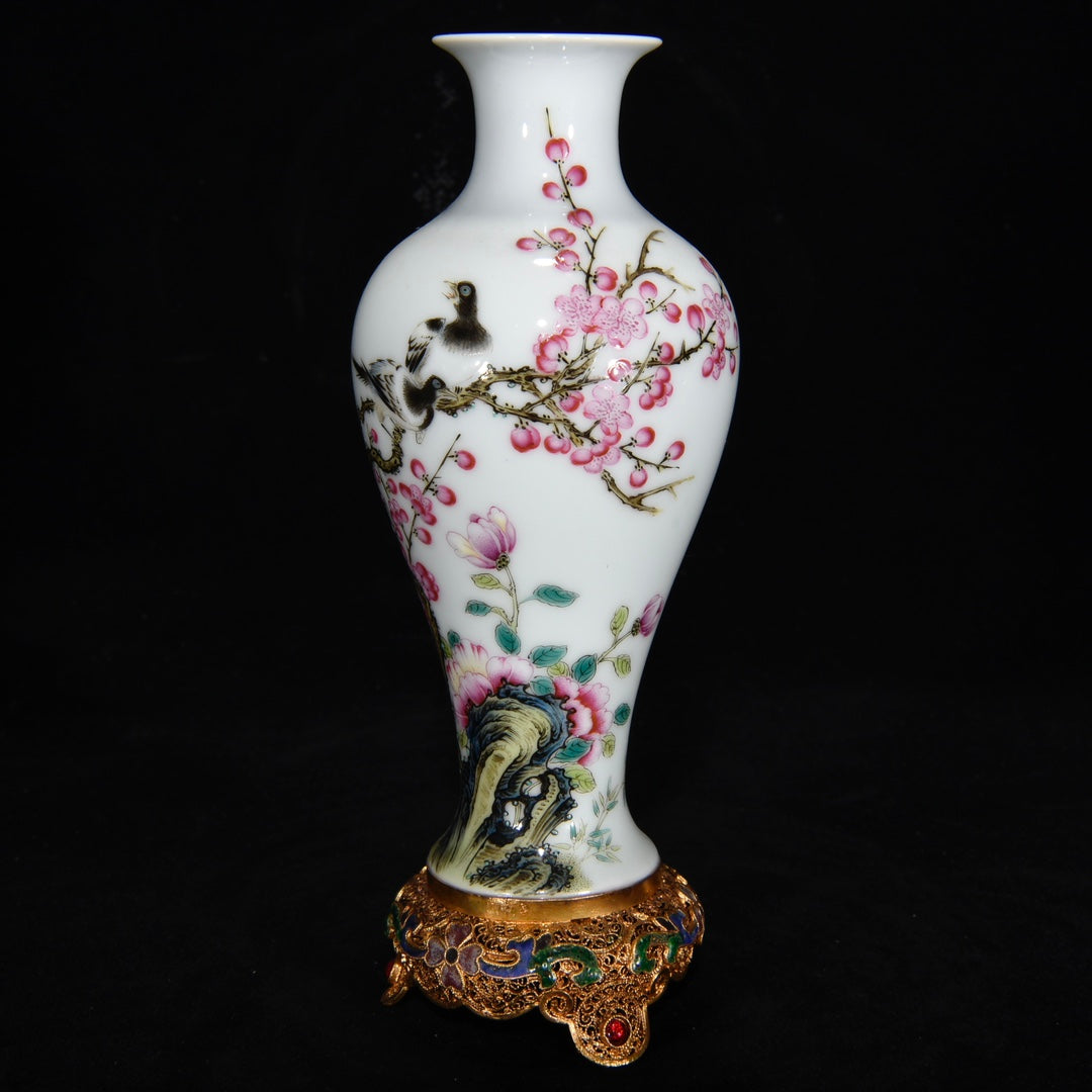 Chinese Famille Rose Flower Design Porcelain Vase W Gold Wires Enamel Inlay Red Coral & Gem Base