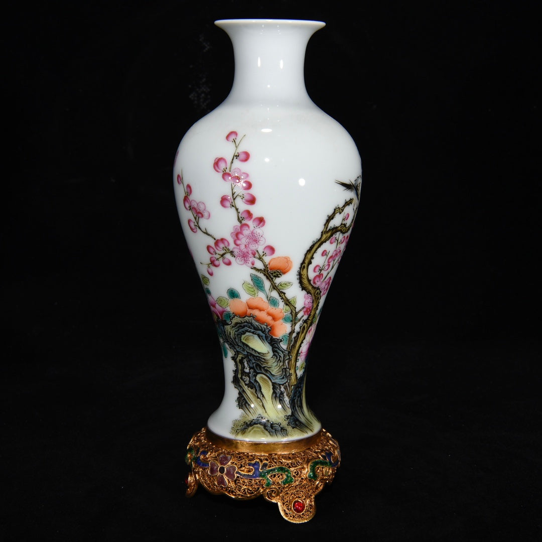 Chinese Famille Rose Flower Design Porcelain Vase W Gold Wires Enamel Inlay Red Coral & Gem Base