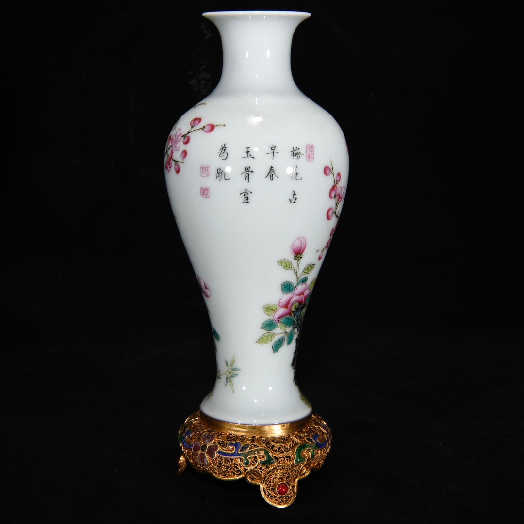 Chinese Famille Rose Flower Design Porcelain Vase W Gold Wires Enamel Inlay Red Coral & Gem Base