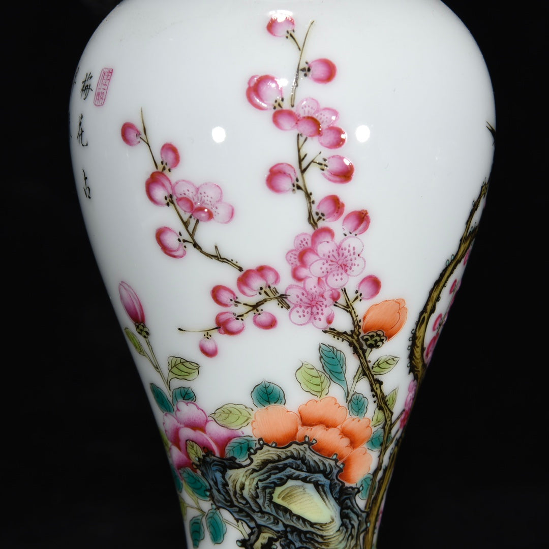 Chinese Famille Rose Flower Design Porcelain Vase W Gold Wires Enamel Inlay Red Coral & Gem Base