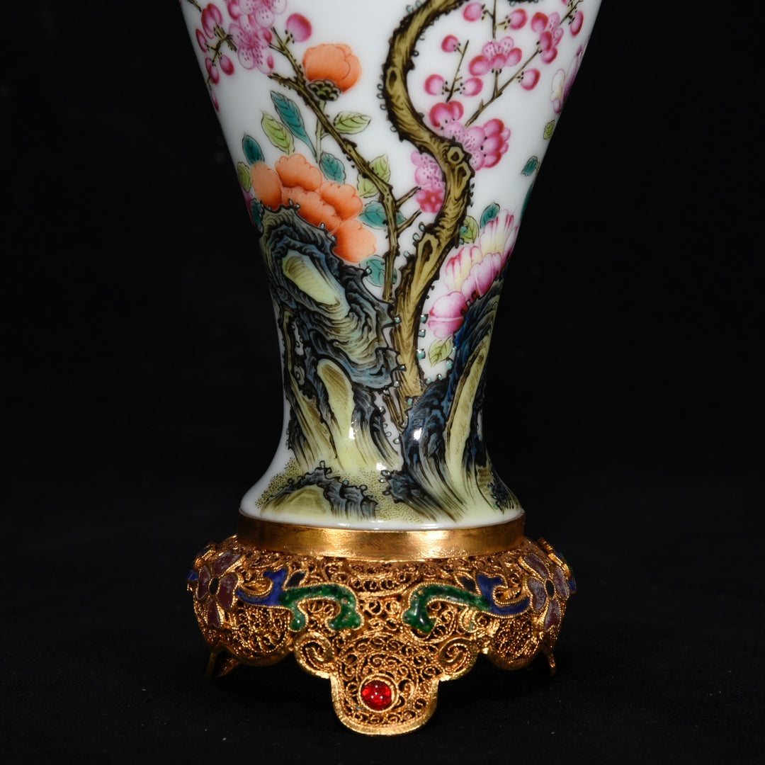 Chinese Famille Rose Flower Design Porcelain Vase W Gold Wires Enamel Inlay Red Coral & Gem Base