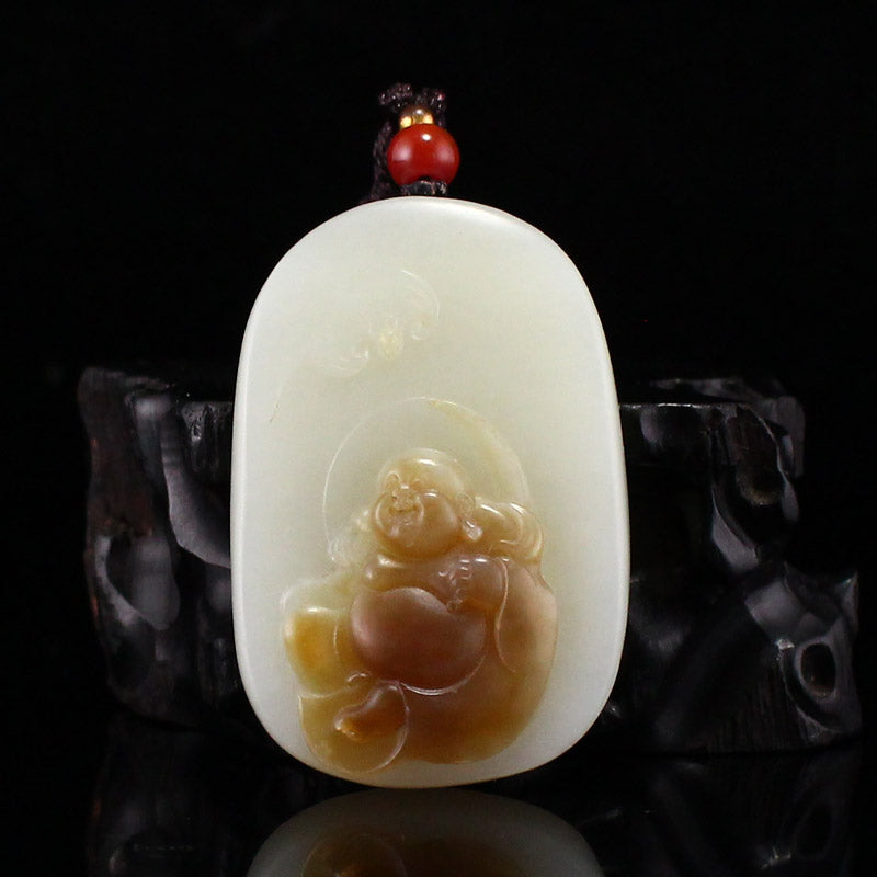 Natural Hetian Jade Carved Laughing Buddha Pendant