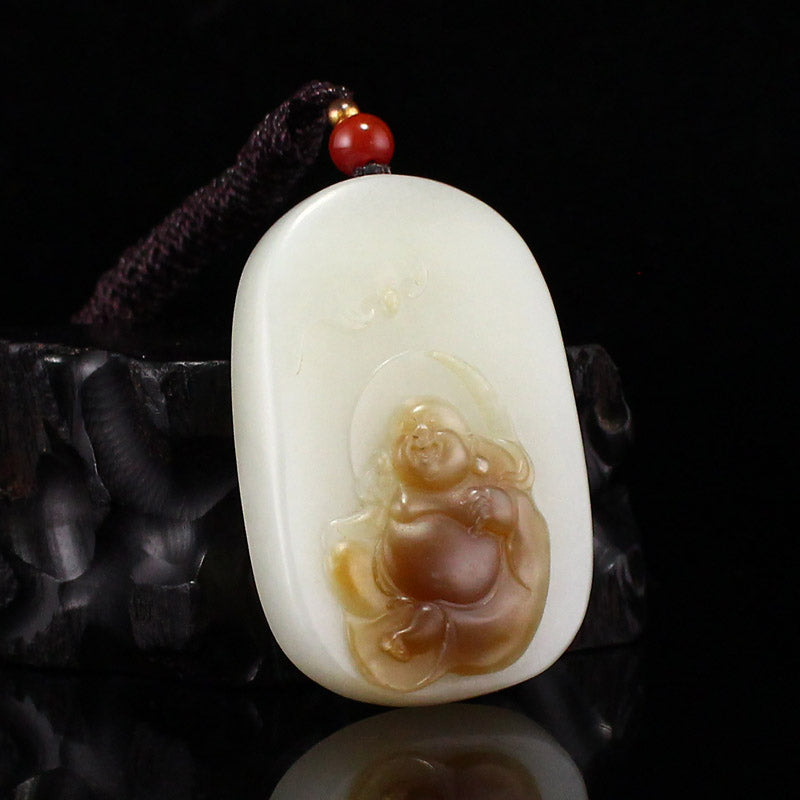 Natural Hetian Jade Carved Laughing Buddha Pendant