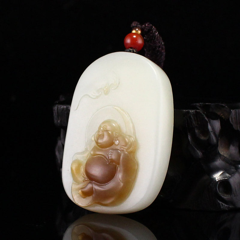 Natural Hetian Jade Carved Laughing Buddha Pendant