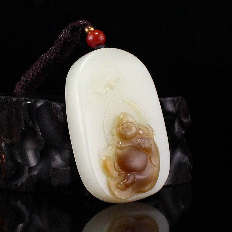 Natural Hetian Jade Carved Laughing Buddha Pendant