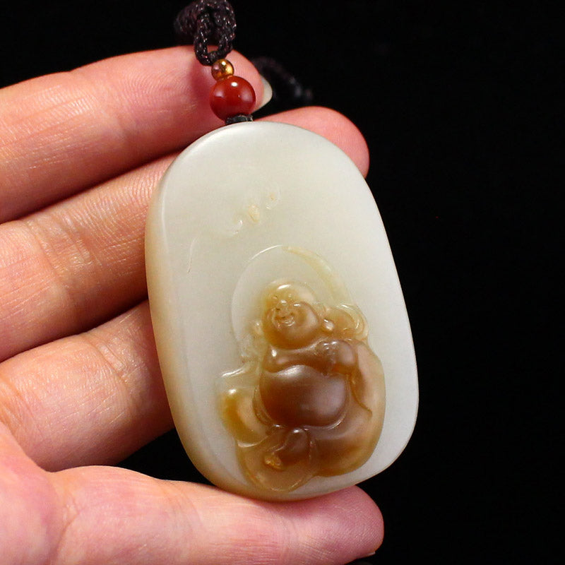 Natural Hetian Jade Carved Laughing Buddha Pendant