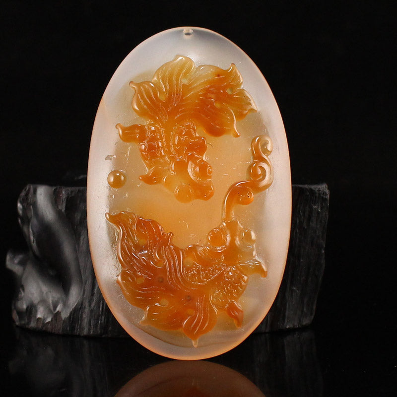 Chinese Natural Agate Low Relief Goldfish Pendant w Certificate