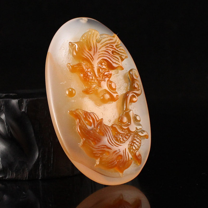 Chinese Natural Agate Low Relief Goldfish Pendant w Certificate