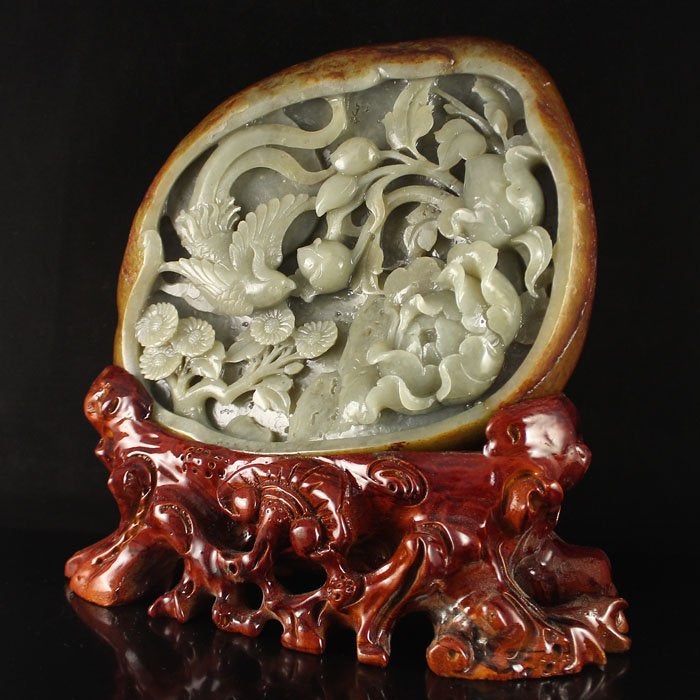 Chinese Natural Hetian Jade Peony & Magpie Statue