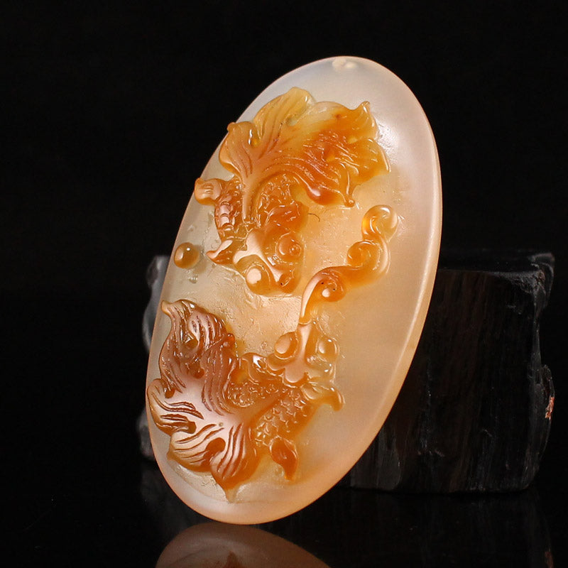 Chinese Natural Agate Low Relief Goldfish Pendant w Certificate