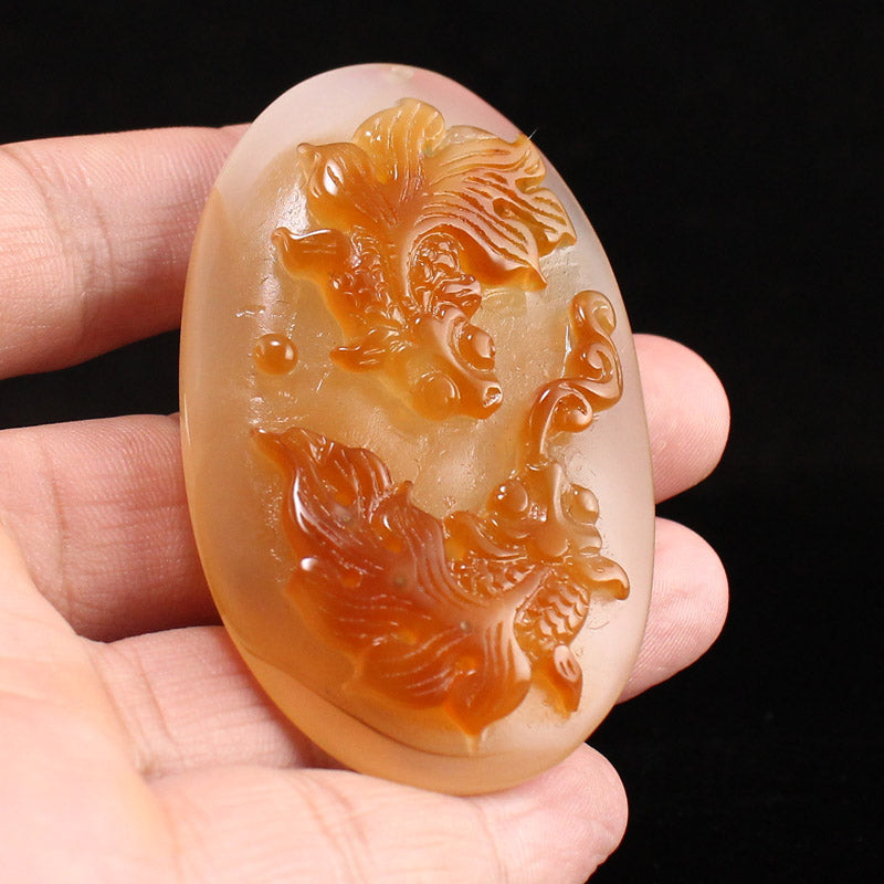 Chinese Natural Agate Low Relief Goldfish Pendant w Certificate