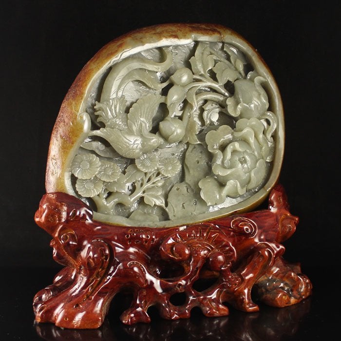 Chinese Natural Hetian Jade Peony & Magpie Statue