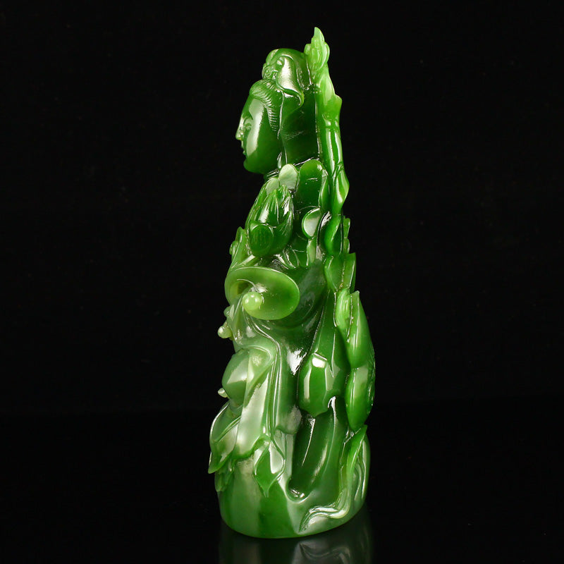 High Quality Chinese Green Hetian Jade Carved Lotus Flower Kwan-yin & Ruyi Statue w Base