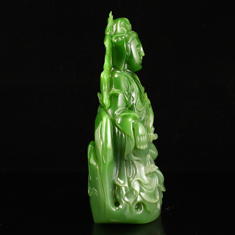 High Quality Chinese Green Hetian Jade Carved Lotus Flower Kwan-yin & Ruyi Statue w Base