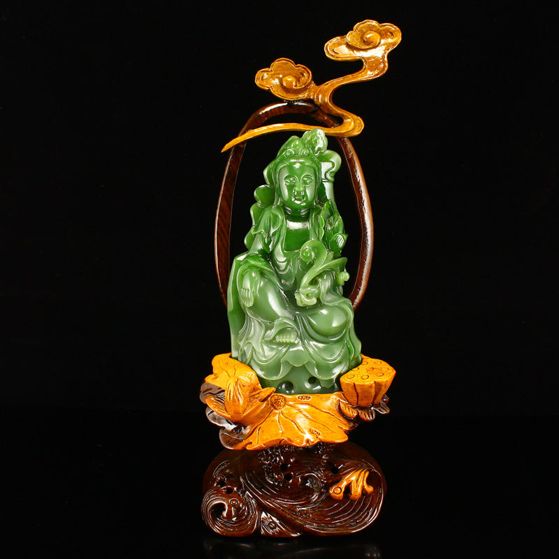 High Quality Chinese Green Hetian Jade Carved Lotus Flower Kwan-yin & Ruyi Statue w Base