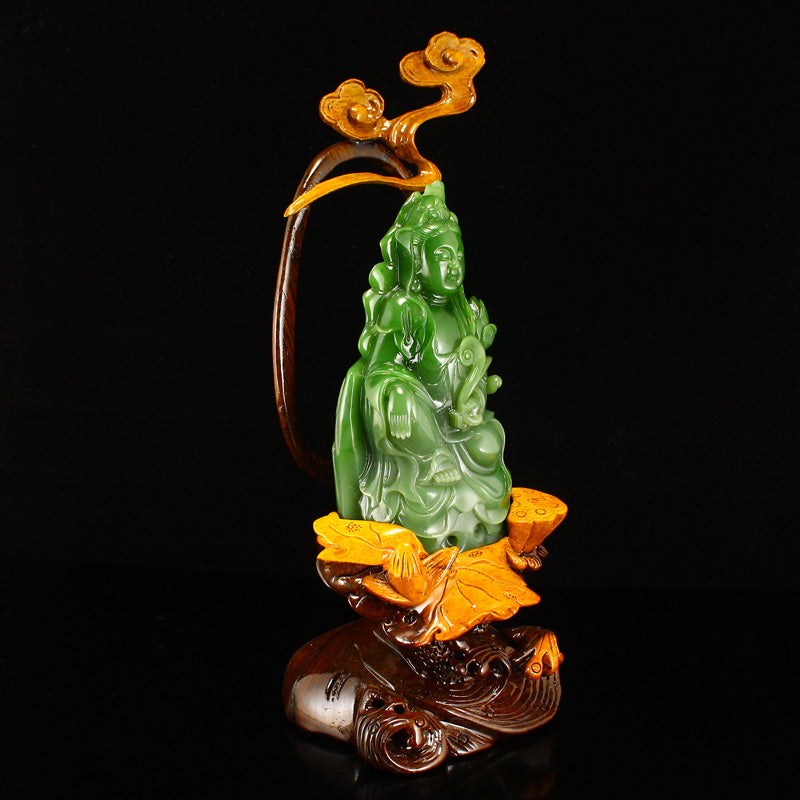 High Quality Chinese Green Hetian Jade Carved Lotus Flower Kwan-yin & Ruyi Statue w Base