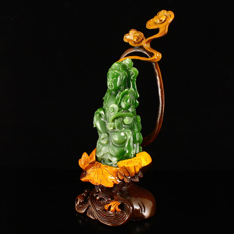 High Quality Chinese Green Hetian Jade Carved Lotus Flower Kwan-yin & Ruyi Statue w Base