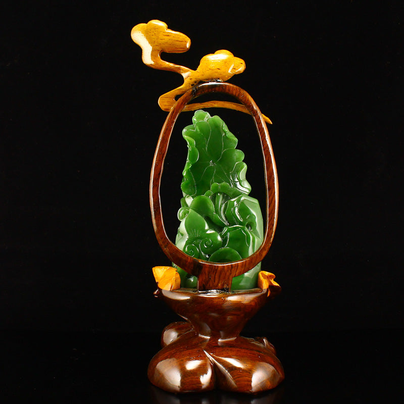 High Quality Chinese Green Hetian Jade Carved Lotus Flower Kwan-yin & Ruyi Statue w Base