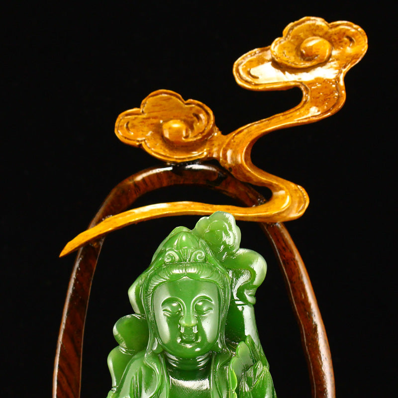 High Quality Chinese Green Hetian Jade Carved Lotus Flower Kwan-yin & Ruyi Statue w Base