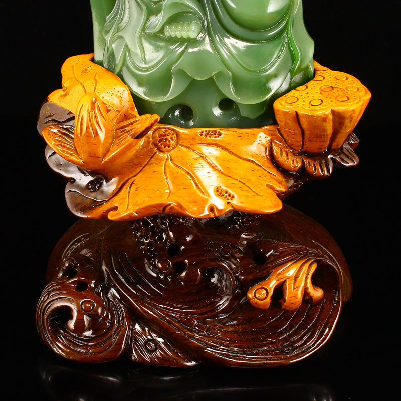 High Quality Chinese Green Hetian Jade Carved Lotus Flower Kwan-yin & Ruyi Statue w Base