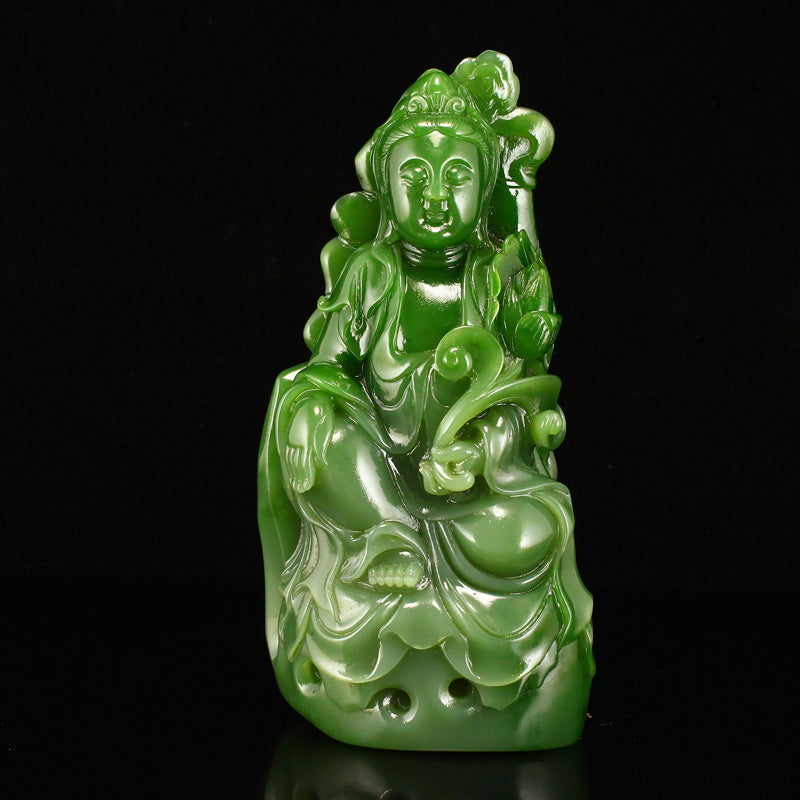 High Quality Chinese Green Hetian Jade Carved Lotus Flower Kwan-yin & Ruyi Statue w Base