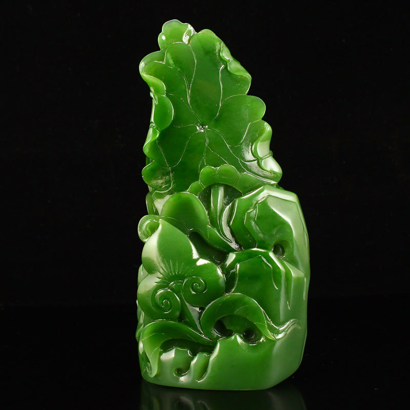 High Quality Chinese Green Hetian Jade Carved Lotus Flower Kwan-yin & Ruyi Statue w Base